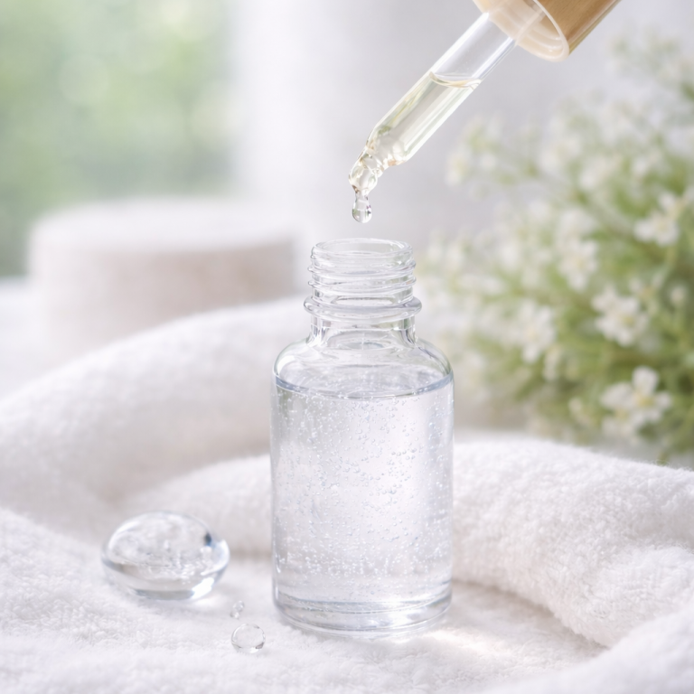 Pipette über einer Glasflasche mit klarer Flüssigkeit auf einem weichen Tuch und Pflanzen im Hintergrund.