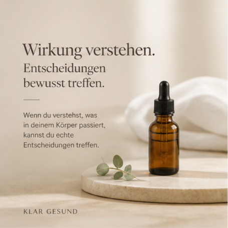 Braunes Glasfläschchen mit Pipette vor neutralem Hintergrund und Text über Auswirkungen.