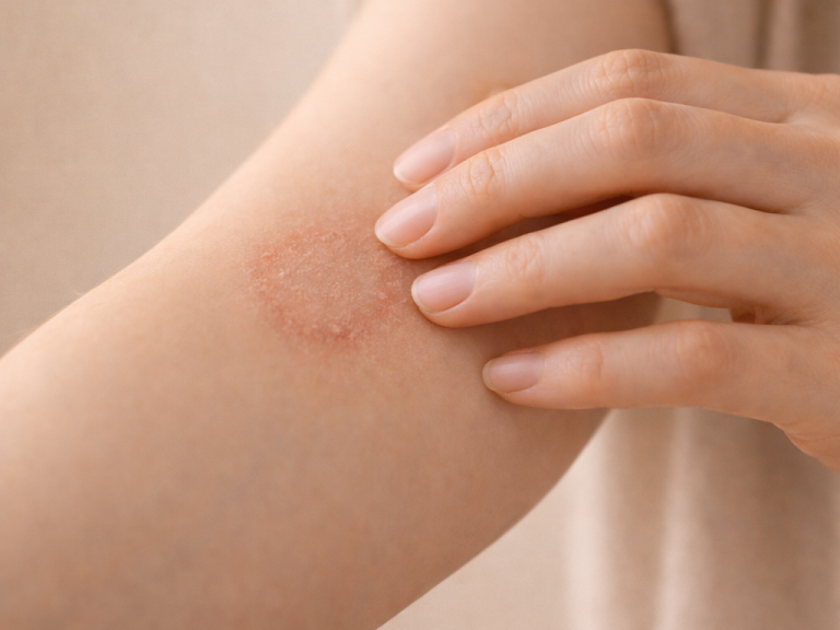 Rötliche, schuppige Hautstelle auf einem Unterarm, die mit einer Hand berührt wird.