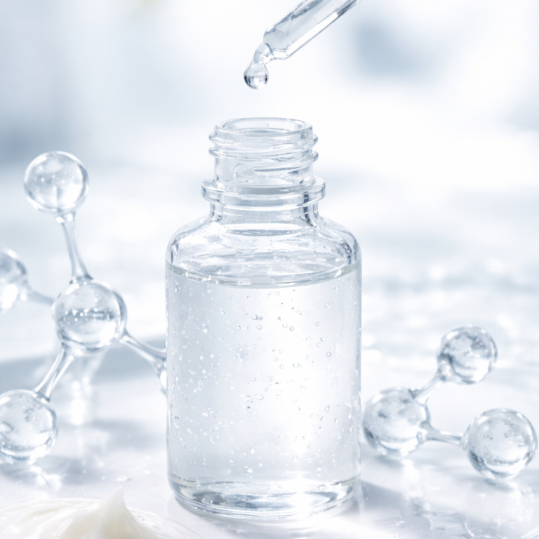 Ein transparentes Fläschchen mit Flüssigkeit und einer Pipette, umgeben von Molekülstrukturen.