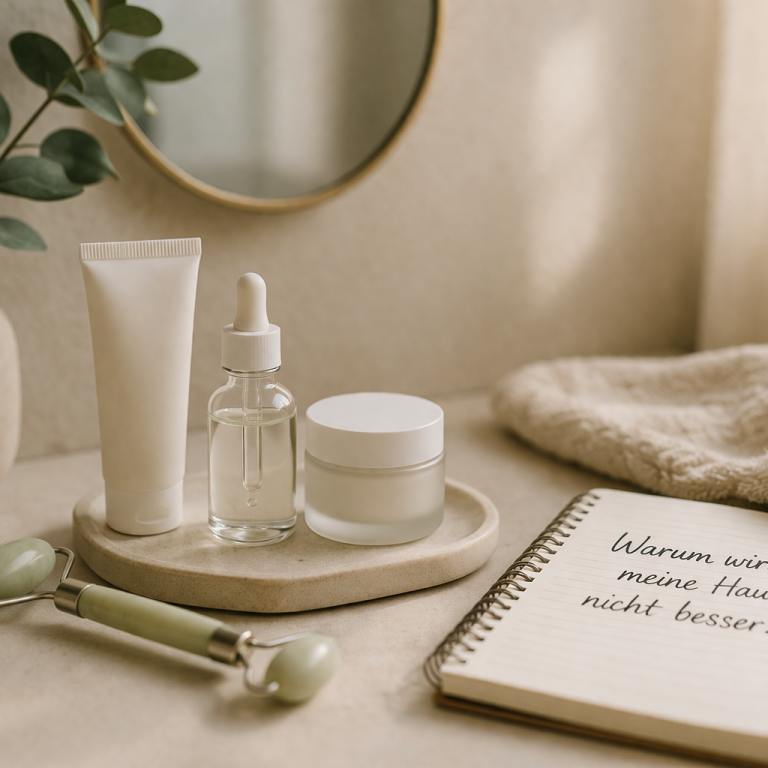 Hautpflegeprodukte auf einem Tisch: Cremes, Serum und ein Notizbuch.