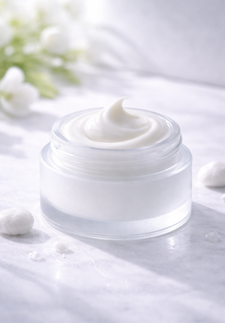 Weißer Cremetiegel mit sanfter Creme, umgeben von blütenähnlichen Objekten.