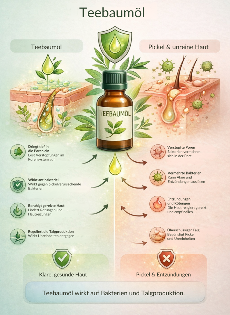 Teebaumöl-Flasche mit Anwendungs- und Nutzenhinweisen in Grafikform.