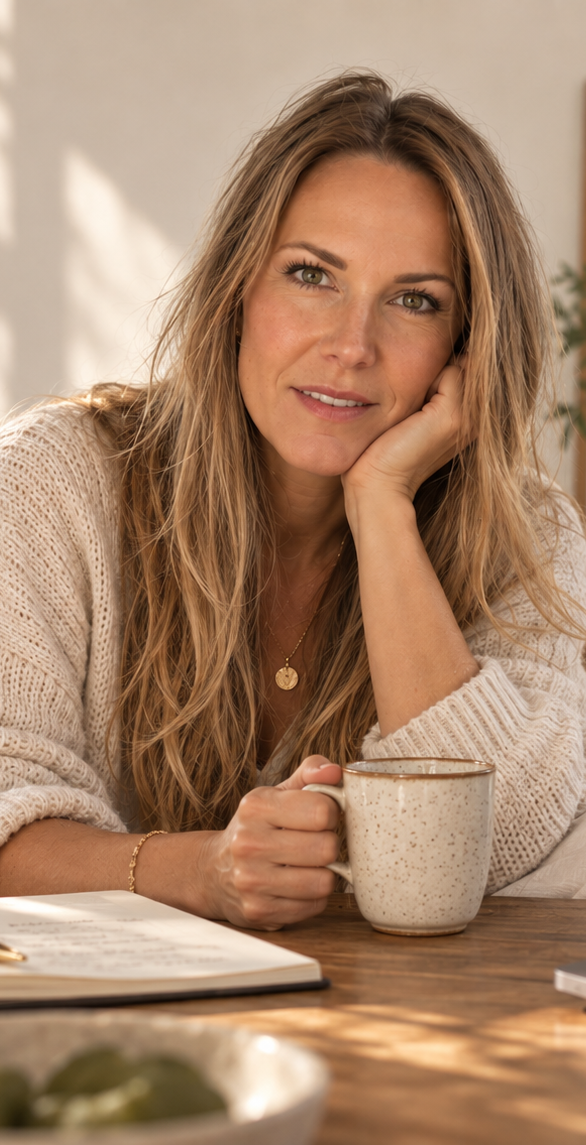 Anna Gassner sitzt mit einer Tasse Tee an einem Tisch in heller, gemütlicher Atmosphäre.