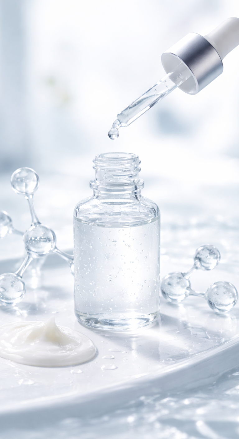 Glasflasche mit Pipette und klarem Serum auf einer weißen Oberfläche.