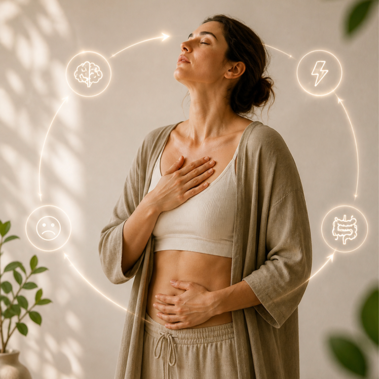 Frau in meditativer Pose, Hände auf dem Herzen und Bauch, umgeben von symbolischen Icons.