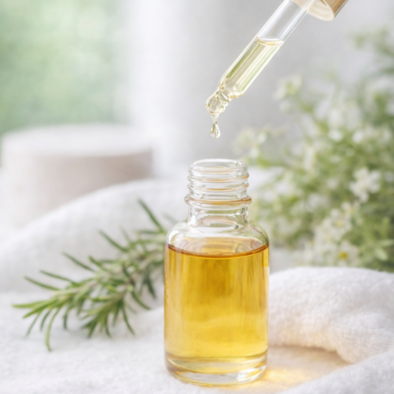 Ein Glasfläschchen mit goldenem Öl und einer Pipette, umgeben von Kräutern.