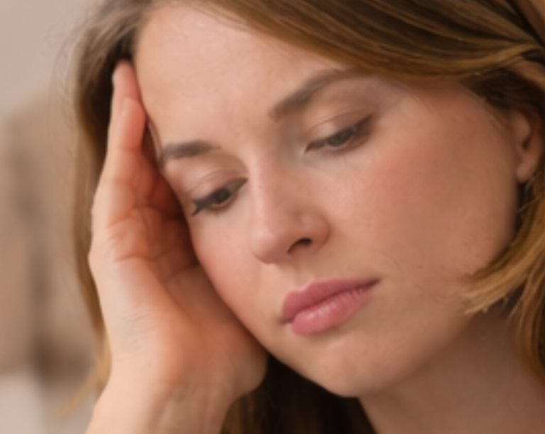 Nachdenkliche Frau mit Hand an der Stirn, tief in Gedanken versunken.