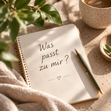 3. Einordnen Noitzbuch mit der Aufschrift "Was passt zu mir?" als Symbol für die persönliche Einordnung.