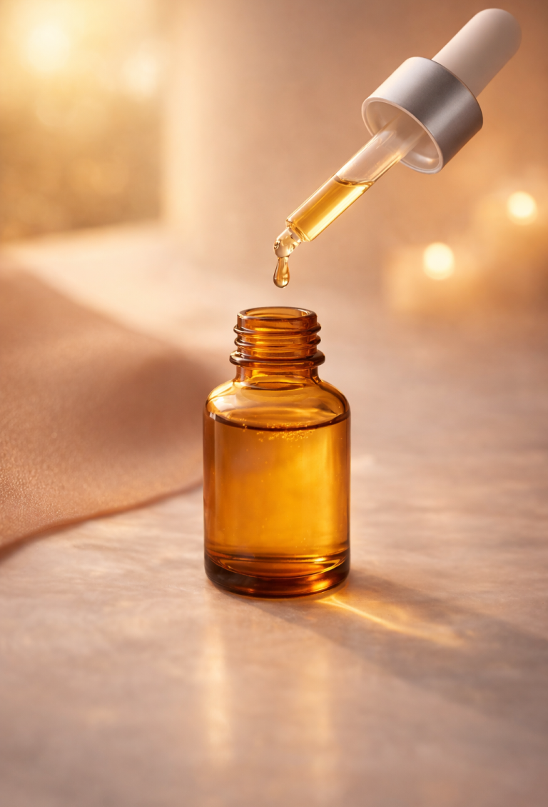 Braunglasflasche mit Pipette, die ein paar Tropfen Flüssigkeit abgibt.