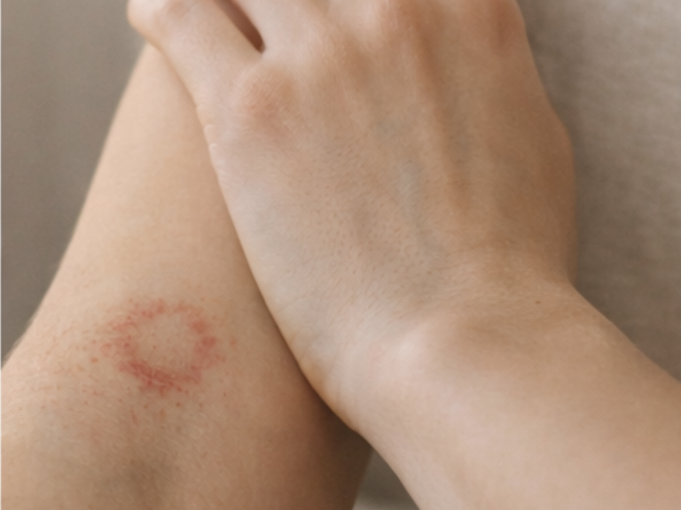 Haut mit rotem, kreisförmigem Ausschlag auf einem Arm, daneben ein gesunder Arm.