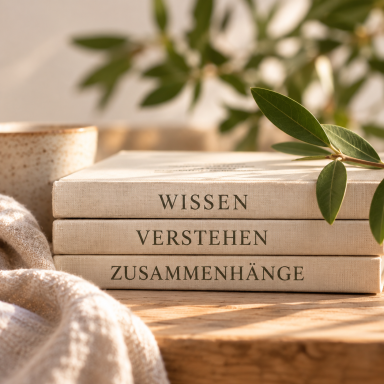 2. Verstehen Ein Bücherstapel liegt übereinander mit den Aufschriften: Wissen - Verstehen - Zusammenhänge