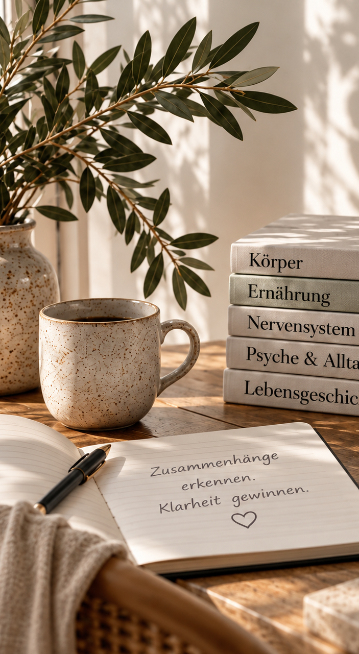 Notizbuch, Kaffeetasse und Bücher zu Körper, Ernährung, Nervensystem, Psyche, Alltag und Lebensgeschichte.