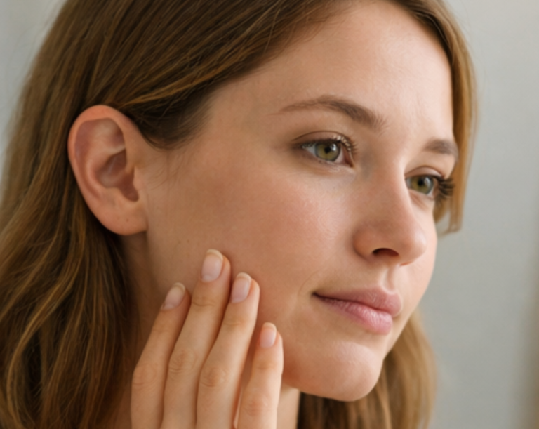 Eine junge Frau berührt sanft ihr Gesicht und schaut nachdenklich.