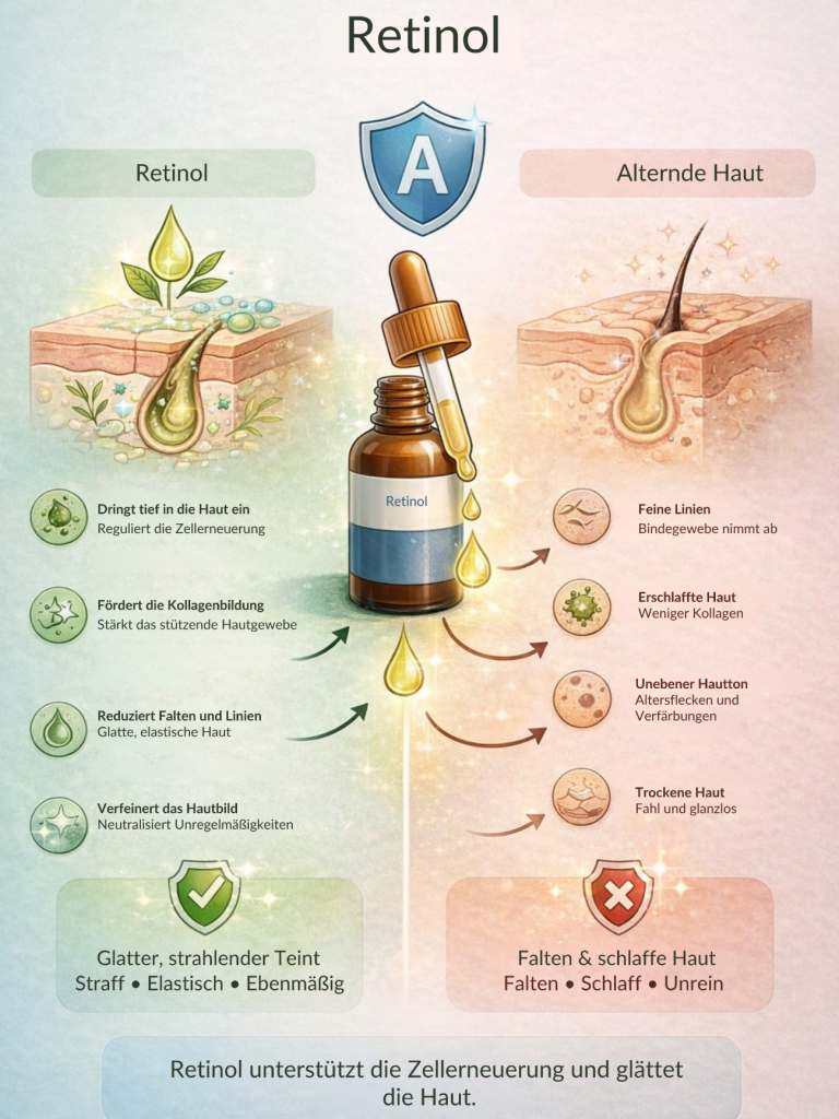 Retinol-Droppflasche mit Wirkungen auf die Haut, Pflanzen und Pflegehinweisen.