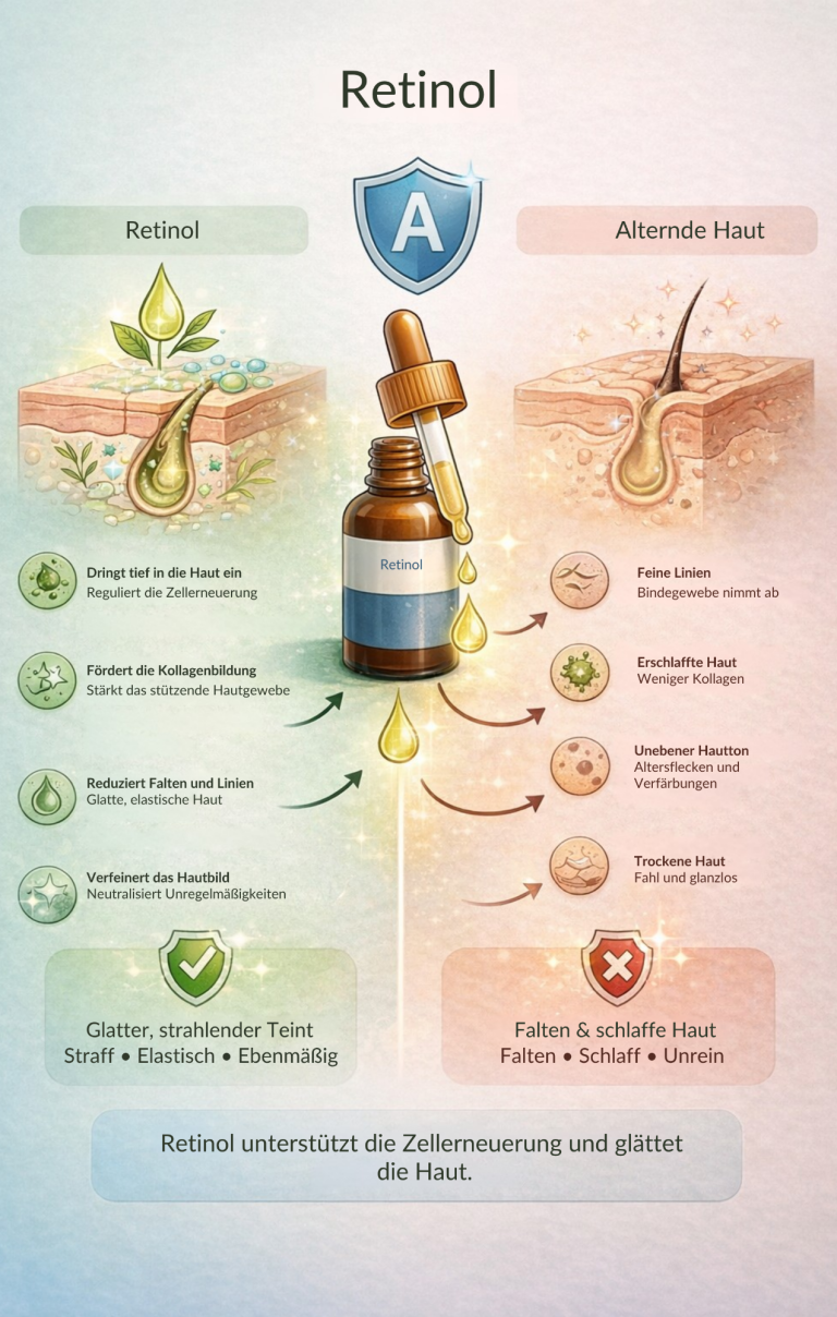Retinol-Droppflasche mit Wirkungen auf die Haut, Pflanzen und Pflegehinweisen.