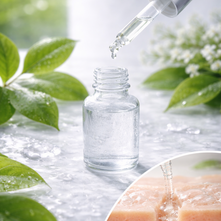 Eine Pipette tropft klare Flüssigkeit in eine kleine Glasflasche, umgeben von grünen Blättern.