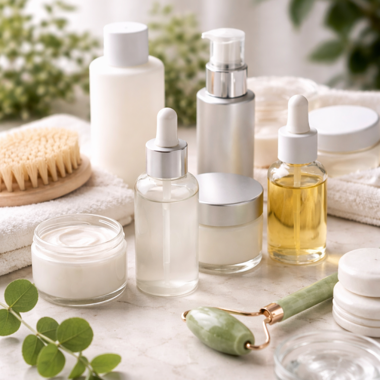 Hautpflegeprodukte auf einem Tisch: Cremes, Serum und ein Notizbuch.