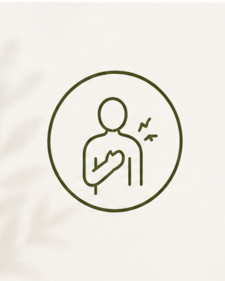 Symptome Symbol eines Menschen, der sich ans Herz fasst, mit einer Welle von Bewegungslinien.
