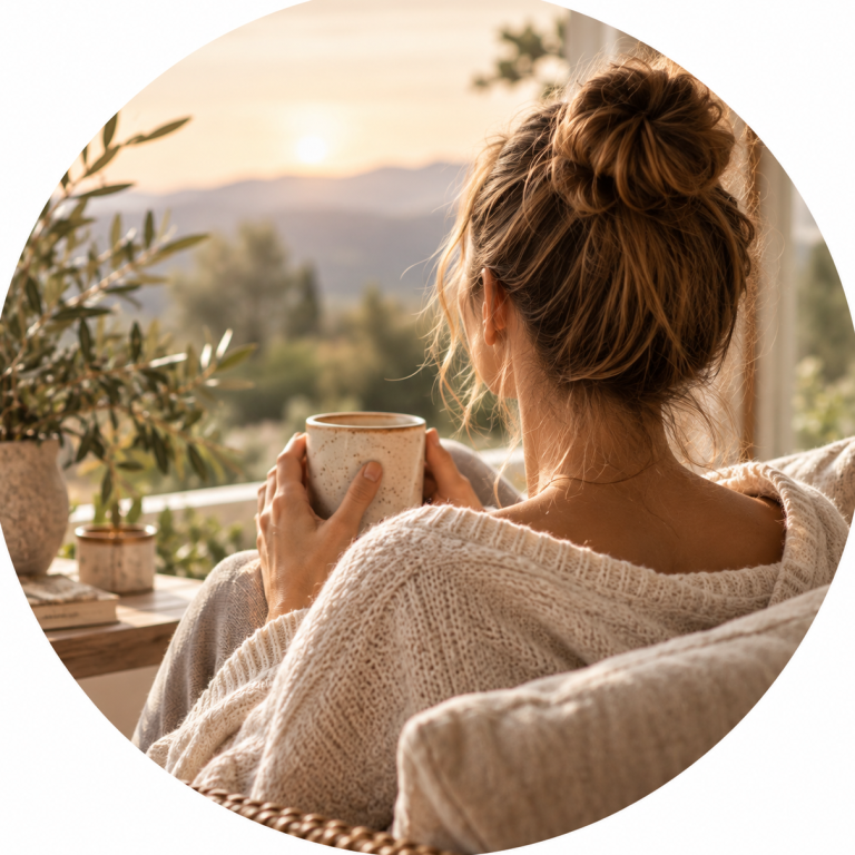 Frau sitzt auf Terrasse blickt ins Grüne und hält eine Tasse in der Hand.