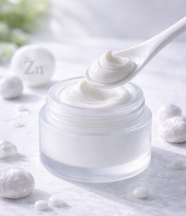 Weiße Creme in einem Glasbehälter mit einem Löffel, umgeben von kleinen Dekorationsperlen.