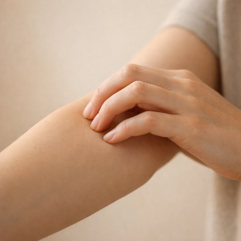 Eine Hand berührt sanft den Unterarm einer Person.