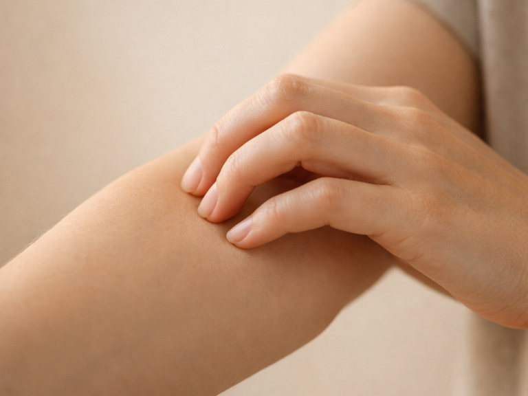 Nahaufnahme einer Wange mit sichtbar roter Haut. Die Haut wirkt trocken und ebenmäßig.