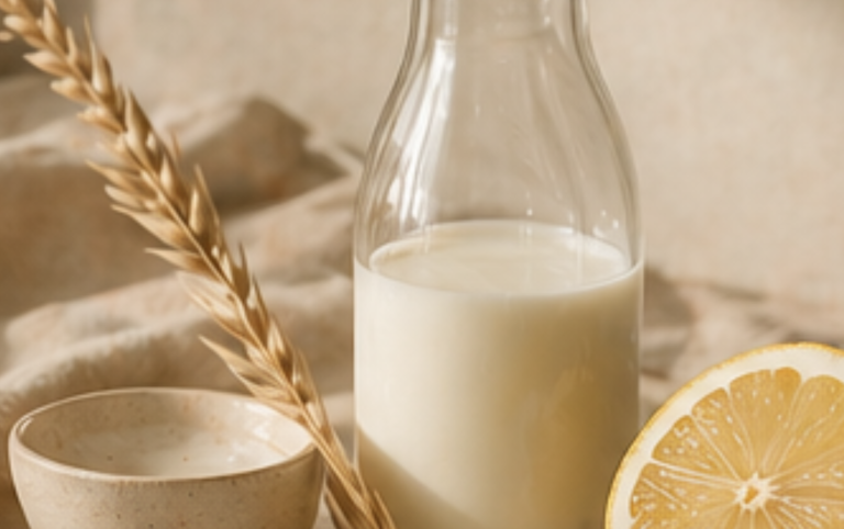 Milchflasche mit Zitrone und einem Schälchen, umgeben von Weizenkorn.