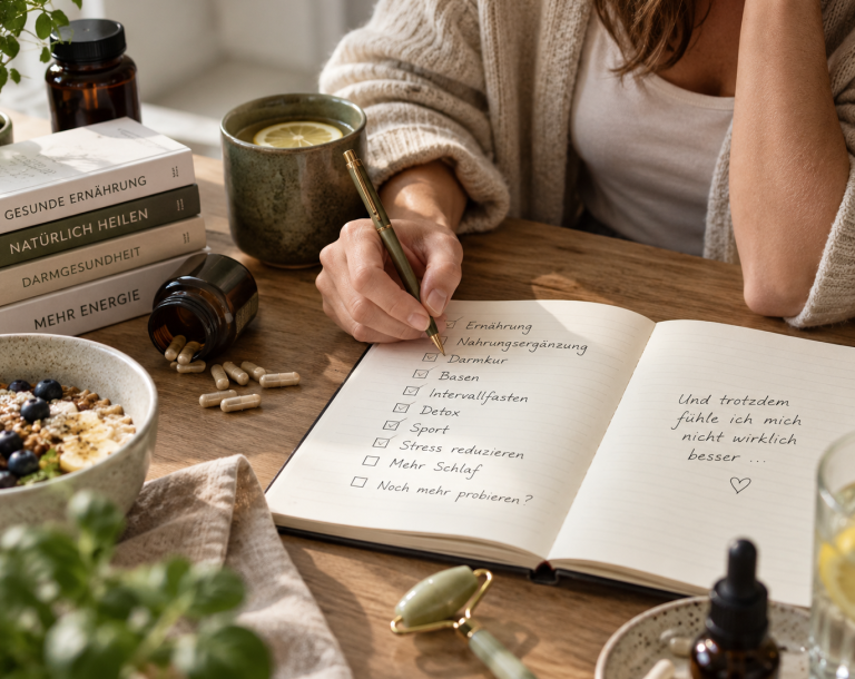 Frau notiert verschiedene Ansätze zu Ernährung, Bewegung und Gesundheit in einem Notizbuch.