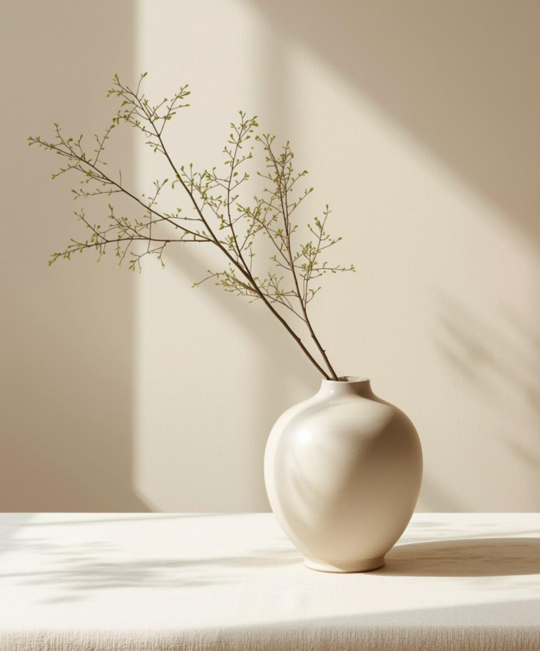 Weiße Vase mit einem Zweig, der sanft in der Sonne steht.